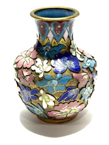 Cloisonne Enamel Brass Bud Vase Miniature 3.25” x 3" Floral Lotus Oriental Motif - Picture 1 of 6
