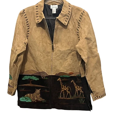 The Quacker Factory Suede Jacket Women Size L Safari Elephant Giraffe Barn Style - Image 1 of 4