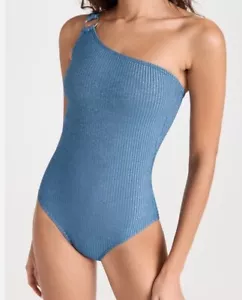 Shoshanna Sz 12 Swimsuit Ring Shoulder One Piece Blue Silver Sea Shimmer New NWT - Picture 1 of 7