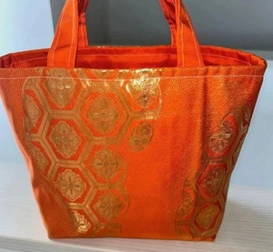 Handmade Silk Obi Tote Bag orange Floral Pattern One of a Kind Made in Japan - Picture 1 of 6