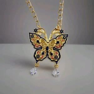 Böhmischer Emaille Schmetterling mit Kristallen auf goldfarben 16" Halskette - Bild 1 von 6