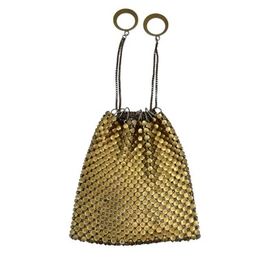 Vtg Gold Tone Metal Mesh Chain Drawstring Evening Bag Pouch Metallic Dance Purse - Image 1 of 4