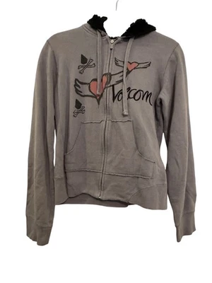 Volcom Womens Fleece Lined Hoodie Size L Gray Pink Winged Heart Print Zip Up - Image 1 of 4
