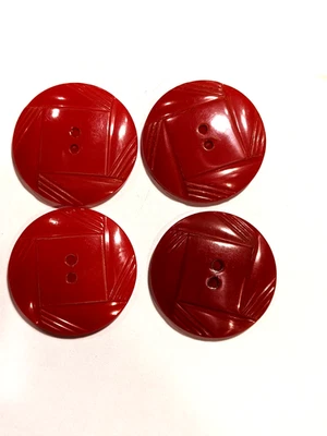 Set of Four (4) Matching Red Bakelite Buttons. Art Deco. Sew-Through. Medium. - Image 1 of 4
