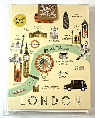 RIFLE PAPER CO. Mapa de Viaje de Londres Juego de 8 Tarjetas en Caja, 4.25" x 5.5" (en Blanco) Nuevo Foto 1 de 4