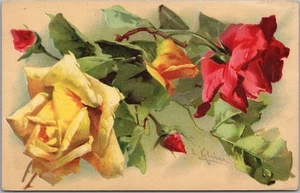 c1910s Artist-Signed CATHERINE KLEIN Postcard Yellow & Red Roses #145 UNUSED - Picture 1 of 2