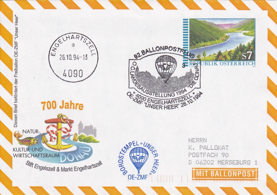 BPÖ_092 Ganzsache Österreich: 92. Ballonpost Engelhartszell 26.10.94 - Die Donau - Bild 1 von 1