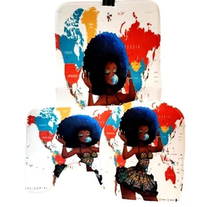 African Woman Blue Afro World Map Graphic Bathroom Decor 3pc Set NEW Unused - Picture 1 of 5