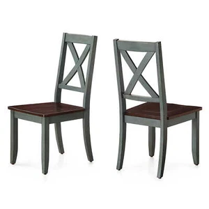 Cross-Back Solid Wood Dining Chairs Set of 2 Dark Seafoam Finish Brown Seats - Picture 1 of 12