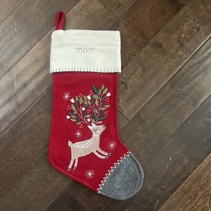 New Pottery Barn Nordic Reindeer Red Wool Red Christmas Stocking Mono Mom - Picture 1 of 3