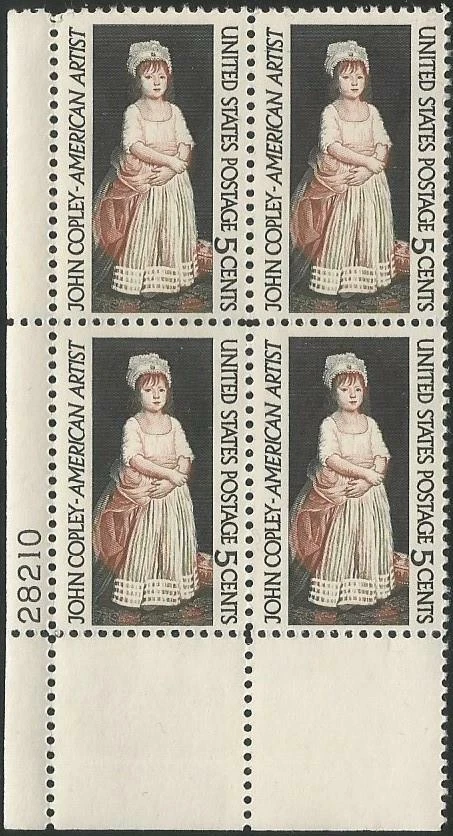 Plate Block of 4 stamps - Scott 1273 - 5 cent - John Copley - 1965 - MNH - Image 1 of 1