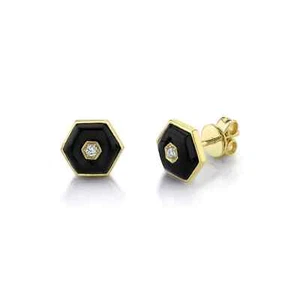 Black Onyx Diamond Stud Earrings 14K Yellow Gold Hexagon 6 Sided 2.01 TCW - Picture 1 of 3