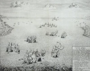 FEHMARN - Veduta - Battaglia navale - Incisione su rame del 1720 - Foto 1 di 2