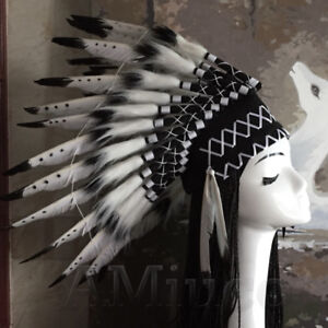 Unisex Native American Chief Headwear Indian Feather Headpiece Black Headgear