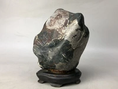 Y8259 OKIMONO Chrysanthemum stone wooden stand Japan antique interior decor - Image 1 of 4