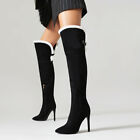 Women Over The Knee Pointy Toe Thigh High Fur Trim Boots Winter High Heel Shoes
