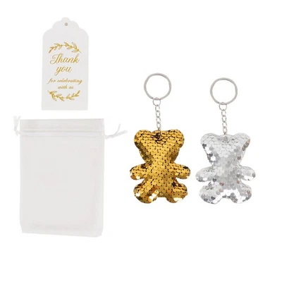 20 Sequin 3" Gold and Silver Teddy Bear Keychains Organza Bags and Thank You - Image 1 of 4