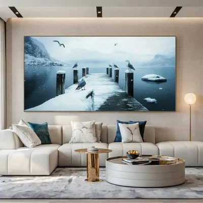 Snowy Wooden Bridge,Birds & Frosty Mountains Unframed Canvas Painting for Living - Image 1 of 4