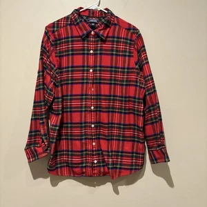LANDS END Camicia Donna 18W Flanella Tartan Plaid Bottoni Manica Lunga Cotone Rosso - Foto 1 di 7