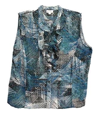 3X Blusa Top Tahari Arthur S. Levine Arrugada Gasa Volantes Sin Mangas Botón Foto 1 de 4