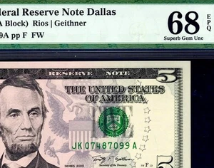 2009 $5 Dallas Federal Reserve Note 1994-K • PMG 68 EPQ • TOP POP 3/0 - Picture 1 of 3