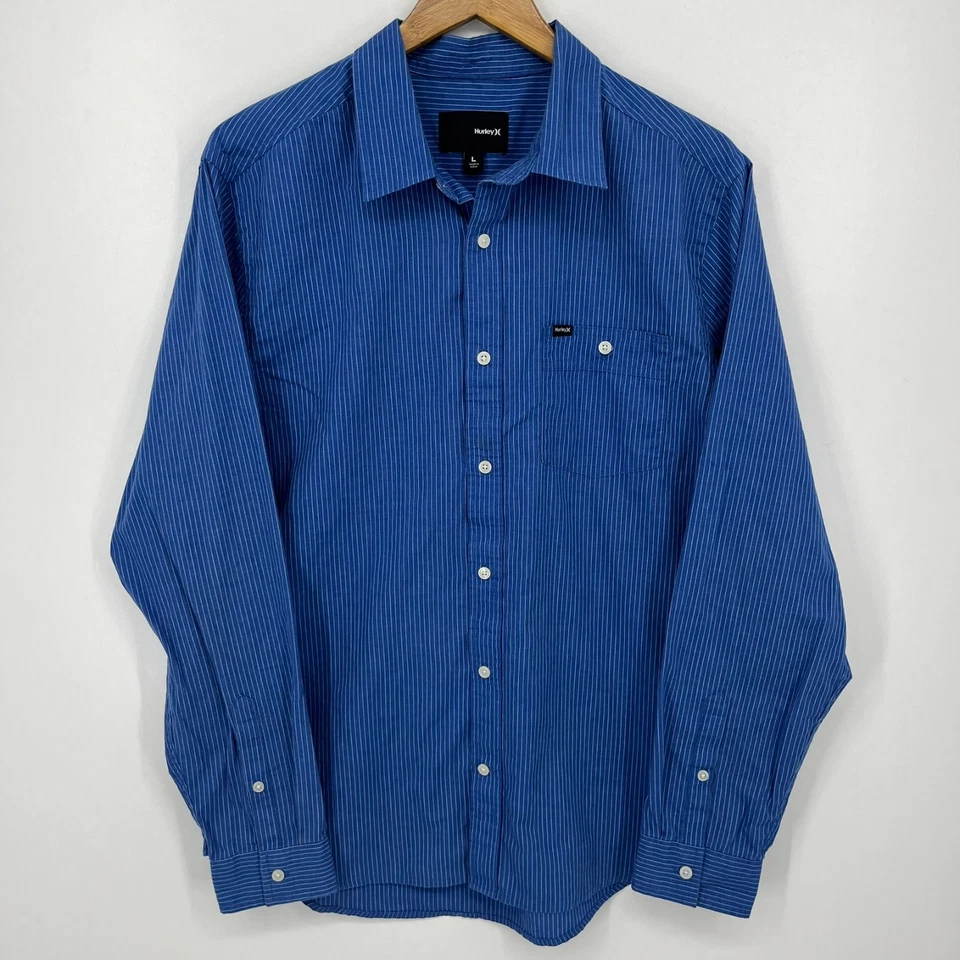 Camisa Hurley Manga Larga Botón Para Hombre Talla L Azul Rayas Bolsillo Algodón Surf Foto 1 de 4