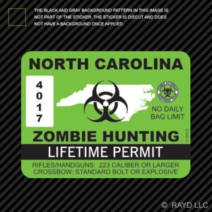 Pegatina de permiso de caza de zombis de Carolina del Norte calcomanía troquelada respuesta al brote - Imagen 1 de 1