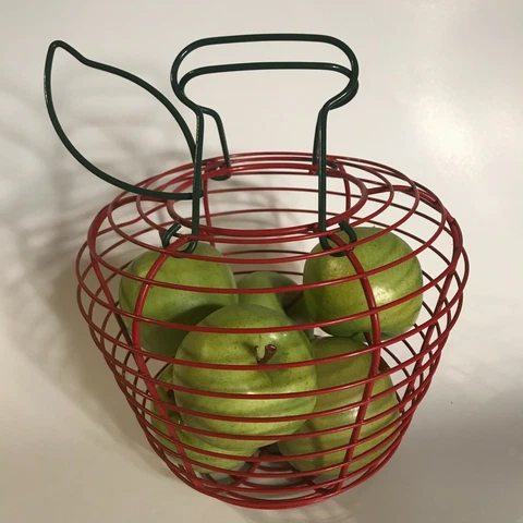 VINTAGE ~ APPLE SHAPED RED VINYL COVERED METAL BASKET ~ TOP OPENING & HANDLE Cover