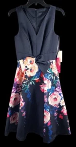 Alex Marie Damenkleid marineblau Blumen Midi V-Ausschnitt vorne zum Binden Größe 2 neu mit Etikett - Bild 1 von 13