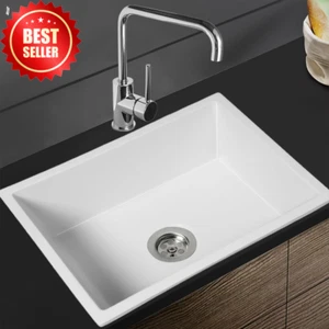 Granite Kitchen Sink, Undermount Single Bowl, 59x45cm, White, Durable Bathroom B - Picture 1 of 12