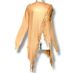 Love Tree Fringe Wrap Sweater Size M Peach Tan Tassel Shawl Long Sleeve Stretch - Picture 1 of 12