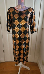 Precioso! Vestido Columna Lentejuelas Negro y Dorado Colección Dinastía Nolan Miller De Colección - Imagen 1 de 4