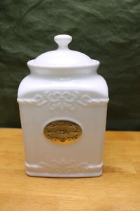 THL French Country Kitchen Tea Canister Cream Metal Medallion Embossed Scroll - Picture 1 of 5