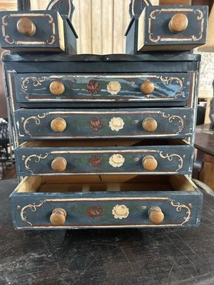 ANTIQUE COTTAGE BUREAU SALESMAN SAMPLE PAINTED FOLKY Blue Flowers Draws Mirror - Image 1 of 4