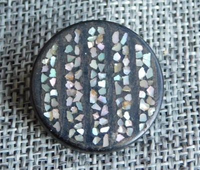 Antique Vtg  Pressed Horn Button MOP Inlay Back Marked  Aprx: 1" #818-B - Image 1 of 4