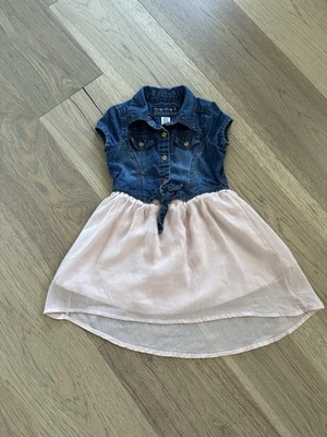 Guess Girls Pink Denim Chiffon Cap Sleeve Button Front Shirt Dress Size 4 - Image 1 of 4