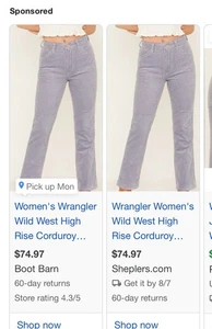 Wrangler Wild West Womens High Rise Straight Cropped Corduroy Pants Lilac 29X28 - Picture 1 of 14