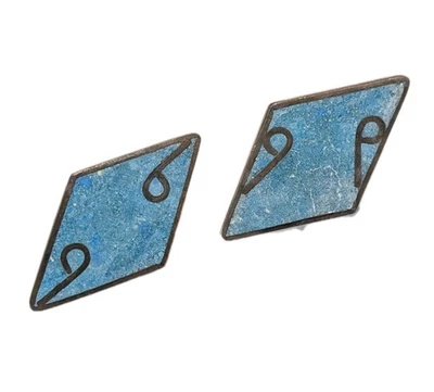 Vintage Solid Sterling Silver Blue Enamel Inlaid Modernist Cuff Links 1 3/8" - Image 1 of 4