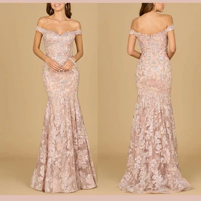 NUEVO CON ETIQUETAS $698 LARA NY [8] 29136 Vestido Sirena Lentejuelas Hombro Descubierto Rosa Rubor S2092 Foto 1 de 4