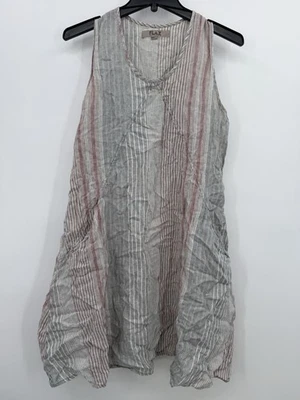 Maxi vestido para mujer lino azul 100 % lino talla pequeña gris a rayas Foto 1 de 4