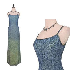 Vintage Mia Bella Prom Dress Maxi Gown S Blue Green Silk Y2K Bead Ombre Fairy - Picture 1 of 15
