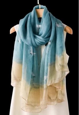 100% 真丝围巾女式领巾披肩裹巾花卉蓝色米色咖啡 MY114-2 — 第 1/4 张图片