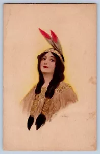 Native American Woman 2 Feathers Headdress Postcard 1907-15 - Picture 1 of 2