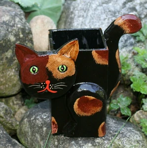 Stiftebecher Katze Stiftehalter Stifteständer Holz dunkel Katzendeko Holzbecher - Bild 1 von 4