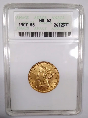 1907 $5 Half Eagle Liberty Head Gold Coin ANACS MS 62 Brilliant Full Luster Cover