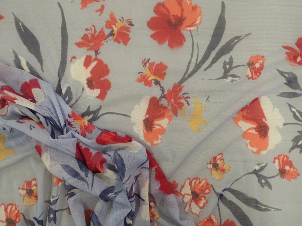PowerNet Stretch Mesh Nylon Spandex Sheer Printed Blue Red Orange Floral Z401 - Image 1 of 1