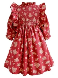 NWT Bonnie Jean Girls 6 Red Gold Floral Smocked Ruffle Pinafore Dress - Picture 1 of 3