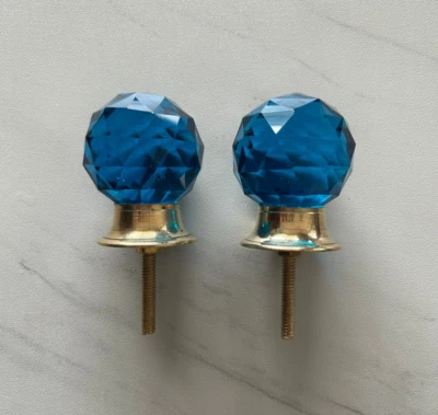 Vintage Crystal Ball Blue Glass Knob Handle Pull For Drawer Door 2PCS - Image 1 of 4