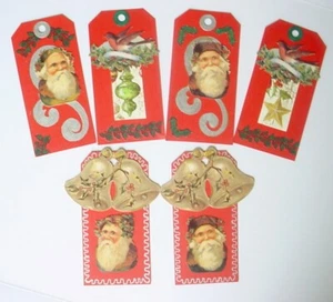 6 VICTORIAN STYLE CHRISTMAS TAGS SANTAS BELLS HOLLY FOR JOURNALS GIFTS HANDMADE - Picture 1 of 4
