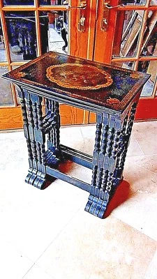 EARLY 19c CHINESE EXPORT SET OF 4 NESTING TABLES W/OIL PAINTING TOP ON LEATHER - Image 1 of 4